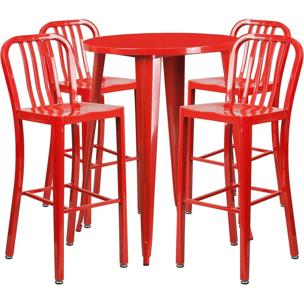 image:imageFlash Furniture Commercial Grade 30 Round Black Metal IndoorOutdoor Bar Table Set with 4 Vertical Slat Back StoolsRed