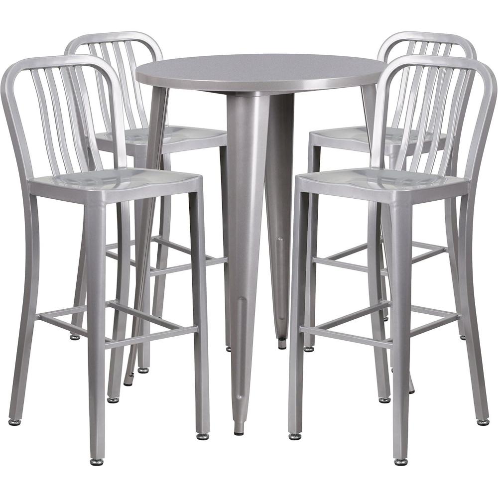 image:imageFlash Furniture Commercial Grade 30 Round Black Metal IndoorOutdoor Bar Table Set with 4 Vertical Slat Back StoolsSilver