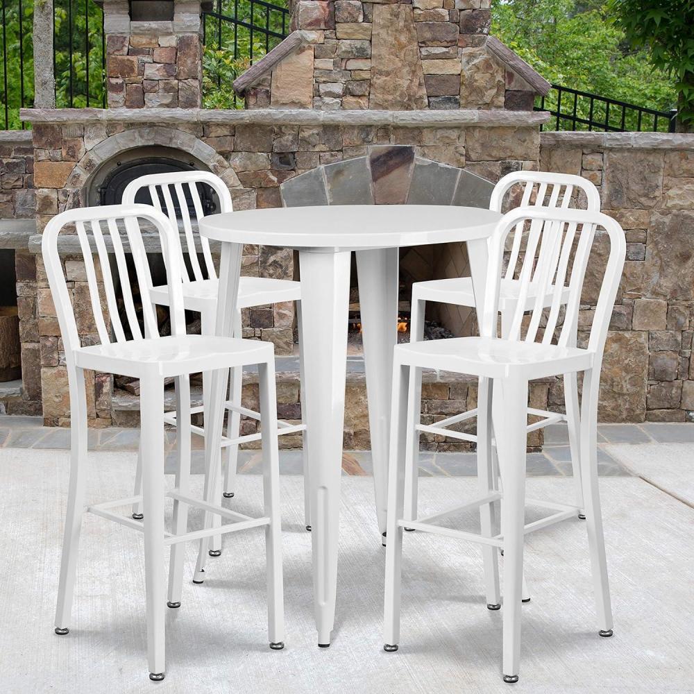 image:imageFlash Furniture Commercial Grade 30 Round Black Metal IndoorOutdoor Bar Table Set with 4 Vertical Slat Back StoolsWhite