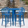 Flash Furniture Commercial Grade 30″ Round Black Metal Indoor-Outdoor Bar Table Set with 4 Vertical Slat Back Stools(Blue)