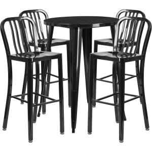 Flash Furniture Commercial Grade 30″ Round Black Metal Indoor-Outdoor Bar Table Set with 4 Vertical Slat Back Stools(Black)