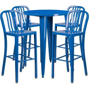 Flash Furniture Commercial Grade 30″ Round Black Metal Indoor-Outdoor Bar Table Set with 4 Vertical Slat Back Stools(Blue)