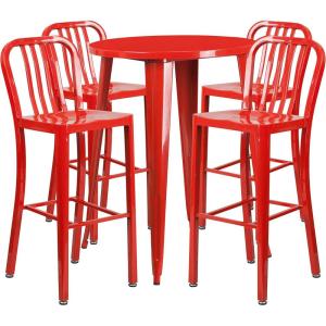 Flash Furniture Commercial Grade 30″ Round Black Metal Indoor-Outdoor Bar Table Set with 4 Vertical Slat Back Stools(Red)