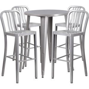 Flash Furniture Commercial Grade 30″ Round Black Metal Indoor-Outdoor Bar Table Set with 4 Vertical Slat Back Stools(Silver)