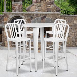 Flash Furniture Commercial Grade 30″ Round Black Metal Indoor-Outdoor Bar Table Set with 4 Vertical Slat Back Stools(White)