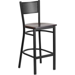 Flash Furniture HERCULES Series Black Grid Back Metal Restaurant Barstool – Burgundy Vinyl Seat (Pack of 1)(Walnut Wood Seat/Black Metal Frame)