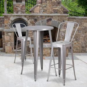 Flash Furniture Nichols Commercial Grade 24″ Round Black Metal Indoor-Outdoor Bar Table Set with 2 Cafe Stools(Silver)