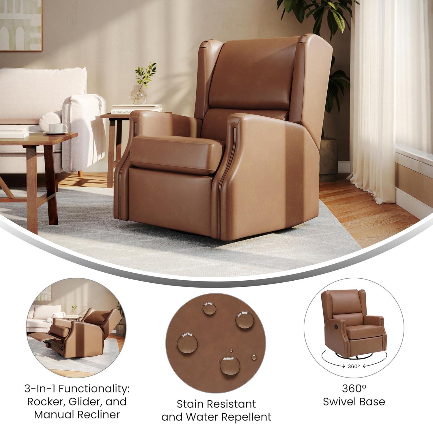 image:imageFlash Furniture Omma Swivel Glider Rocking Recliner Manual Wingback Recliner with 360 Degree Swivel for Living Room Bedroom or Nursery Cognac LeatherSoftCognac Leathersoft