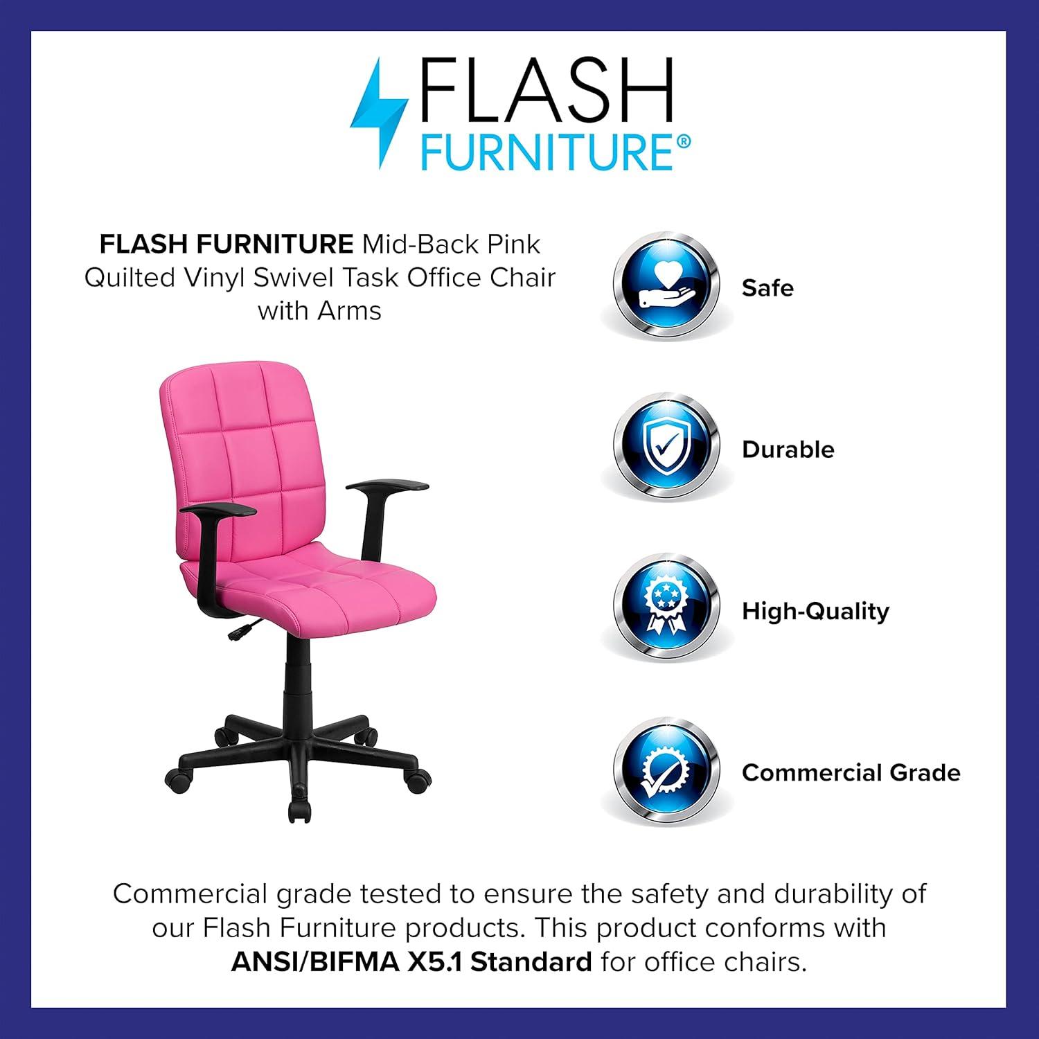 image:imageFlash Furniture Clayton MidBack Pink Quilted Vinyl Swivel Task Office Chair with ArmsPink