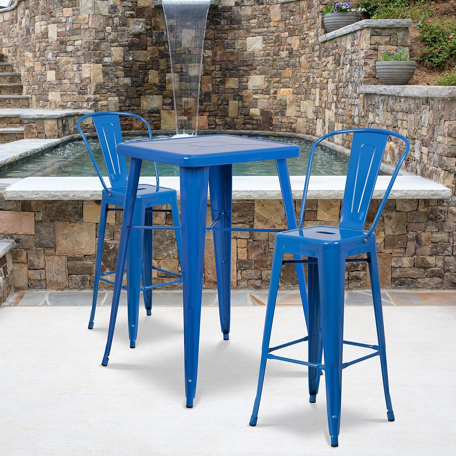 image:imageFlash Furniture Commercial Grade 2375 Square Red Metal IndoorOutdoor Bar Table Set with 2 Stools with BacksBlue