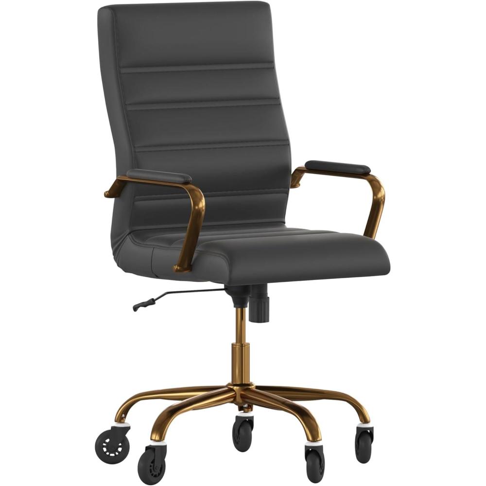 image:imageFlash Furniture Whitney High Back White LeatherSoft Executive Swivel Office Chair with Chrome Frame Arms and Transparent Roller WheelsBlack LeathersoftGold Frame