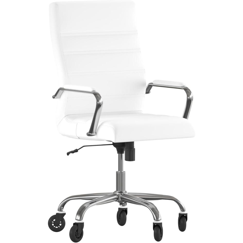image:imageFlash Furniture Whitney High Back White LeatherSoft Executive Swivel Office Chair with Chrome Frame Arms and Transparent Roller WheelsWhite LeathersoftChrome Frame