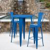 Flash Furniture Commercial Grade 30″ Round White Metal Indoor-Outdoor Bar Table Set with 2 Cafe Stools(Blue)