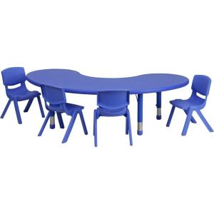 Flash Furniture 35″W x 65″L Half-Moon Natural Plastic Height Adjustable Activity Table Set with 4 Chairs(Blue)