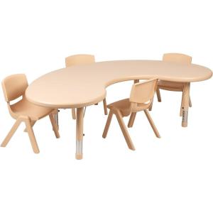 Flash Furniture 35″W x 65″L Half-Moon Natural Plastic Height Adjustable Activity Table Set with 4 Chairs(Natural)