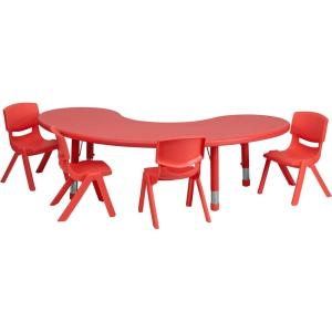 Flash Furniture 35″W x 65″L Half-Moon Natural Plastic Height Adjustable Activity Table Set with 4 Chairs(Red)