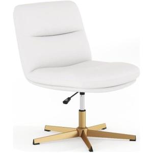 Flash Furniture Chloe Commercial Mid-Back Swivel Office Chair, Wide Design, Padded LeatherSoft, Adjustable Height, Ergonomic Mid-Rise Back, Armless, Black/Chrome(White Leathersoft/Gold Frame)