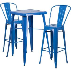 Flash Furniture Commercial Grade 23.75″ Square Red Metal Indoor-Outdoor Bar Table Set with 2 Stools with Backs(Blue)