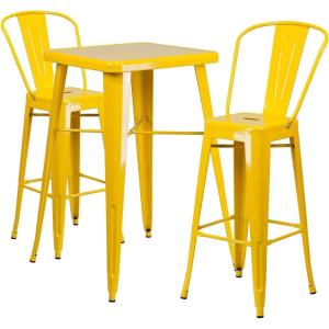 Flash Furniture Commercial Grade 23.75″ Square Red Metal Indoor-Outdoor Bar Table Set with 2 Stools with Backs(Yellow)