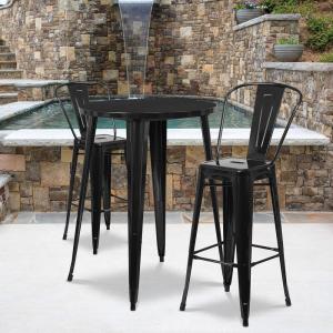 Flash Furniture Commercial Grade 30″ Round White Metal Indoor-Outdoor Bar Table Set with 2 Cafe Stools(Black)
