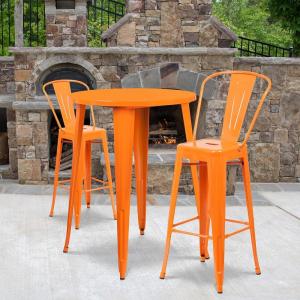 Flash Furniture Commercial Grade 30″ Round White Metal Indoor-Outdoor Bar Table Set with 2 Cafe Stools(Orange)