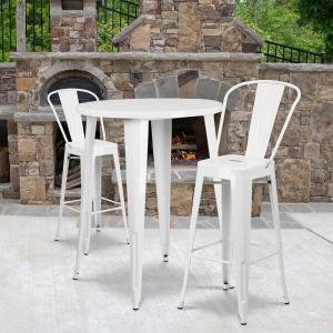 Flash Furniture Commercial Grade 30″ Round White Metal Indoor-Outdoor Bar Table Set with 2 Cafe Stools(White)