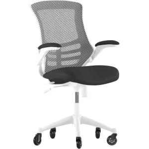 Flash Furniture Kelista Mid-Back Black Mesh Swivel Ergonomic Task Office Chair with Flip-Up Arms and Transparent Roller Wheels(Black Mesh/White Frame)