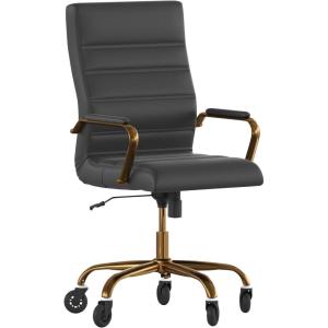 Flash Furniture Whitney High Back White LeatherSoft Executive Swivel Office Chair with Chrome Frame, Arms, and Transparent Roller Wheels(Black Leathersoft/Gold Frame)