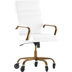 Flash Furniture Whitney High Back White LeatherSoft Executive Swivel Office Chair with Chrome Frame, Arms, and Transparent Roller Wheels(White Leathersoft/Gold Frame)