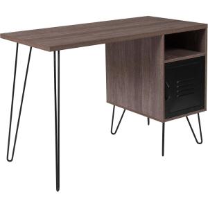 Flash Furniture Woodridge Collection Rustic Wood Grain Finish Computer Desk with Metal Cabinet Door and Black Metal Legs