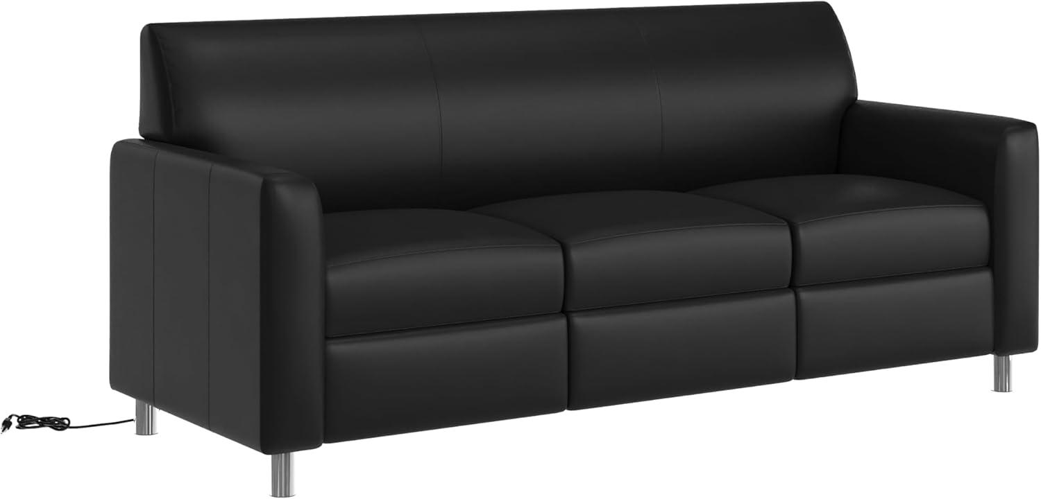 image:imageFlash Furniture Agent Reception Sofa with Left and Right Side Charging Stations Dual AC and USB Ports Plus USBC Port Lobby Sofa with Hardwood Frame Chrome Legs Black LeatherSoftBlackChrome Legs