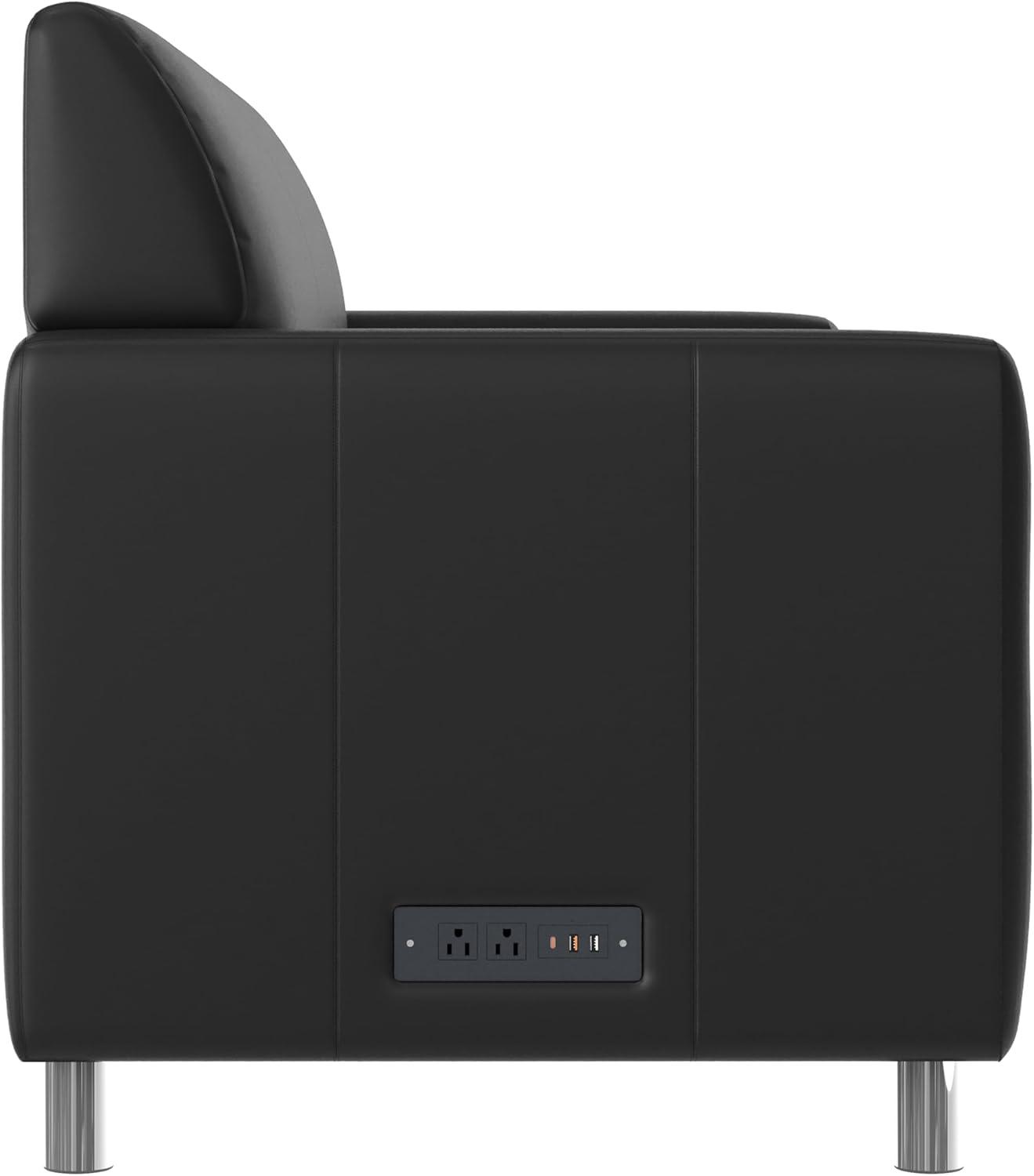 image:imageFlash Furniture Agent Reception Sofa with Left and Right Side Charging Stations Dual AC and USB Ports Plus USBC Port Lobby Sofa with Hardwood Frame Chrome Legs Black LeatherSoftBlackChrome Legs