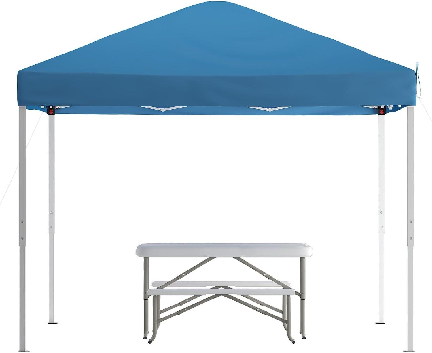 image:imageFlash Furniture Harris 10x10 White Pop Up Event Canopy Tent with Carry Bag and Folding Bench Set Portable Tailgate Camping Event SetBlue