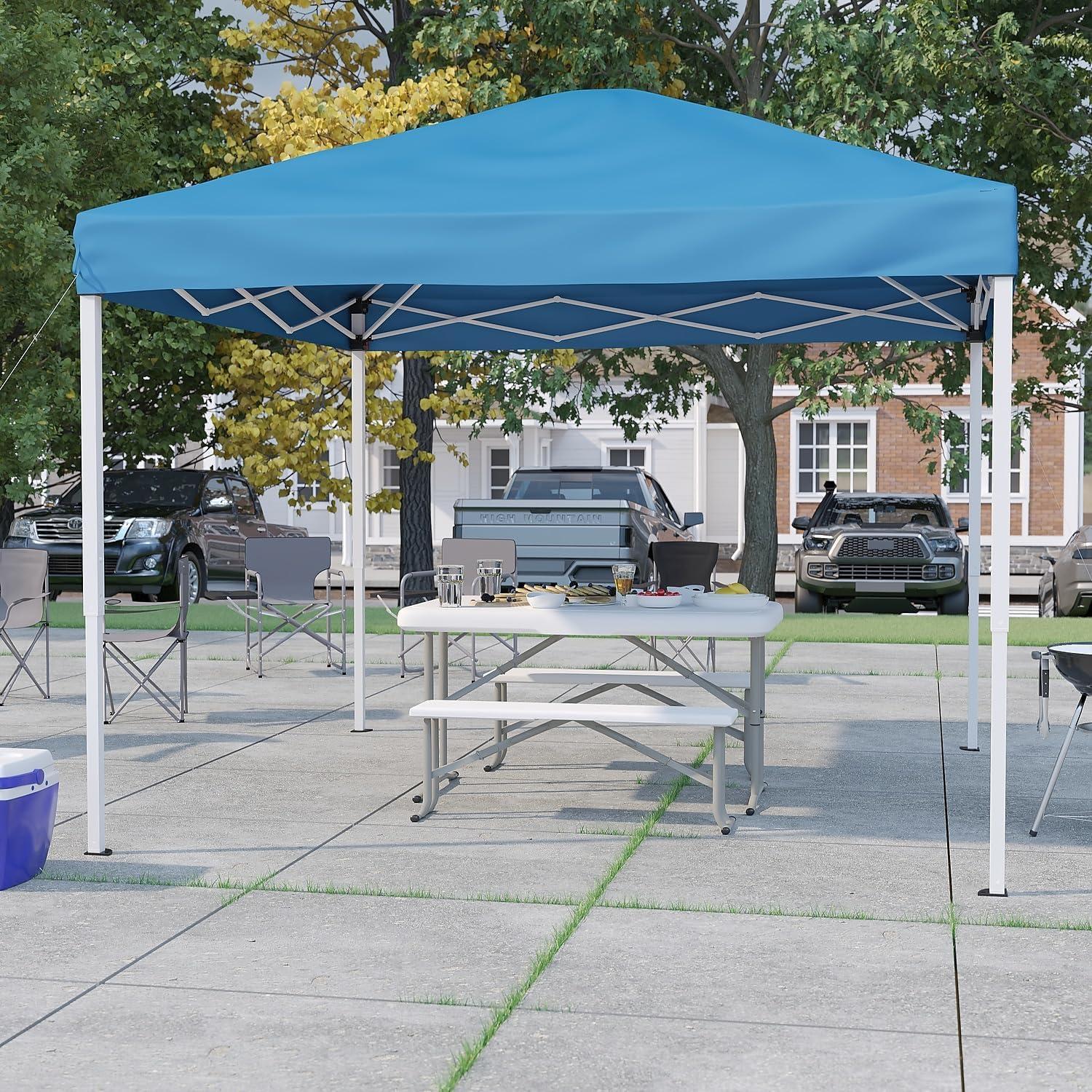 image:imageFlash Furniture Harris 10x10 White Pop Up Event Canopy Tent with Carry Bag and Folding Bench Set Portable Tailgate Camping Event SetBlue
