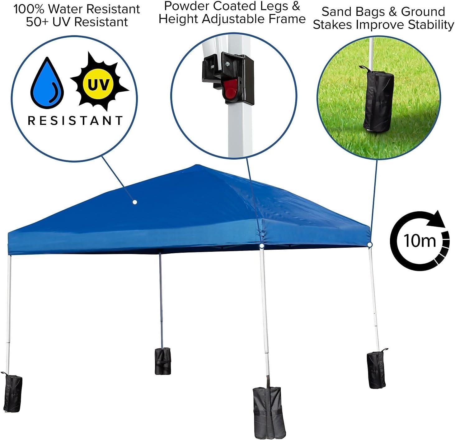 image:imageFlash Furniture Harris 10x10 White Pop Up Event Canopy Tent with Carry Bag and Folding Bench Set Portable Tailgate Camping Event SetBlue