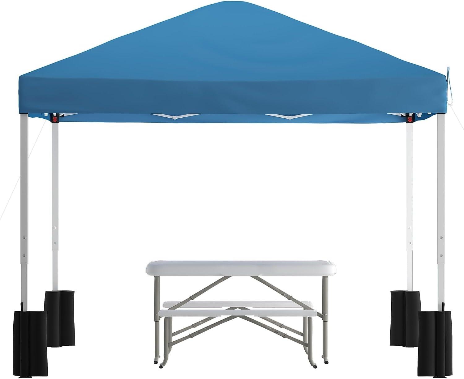 image:imageFlash Furniture Harris 10x10 White Pop Up Event Canopy Tent with Carry Bag and Folding Bench Set Portable Tailgate Camping Event SetBlue