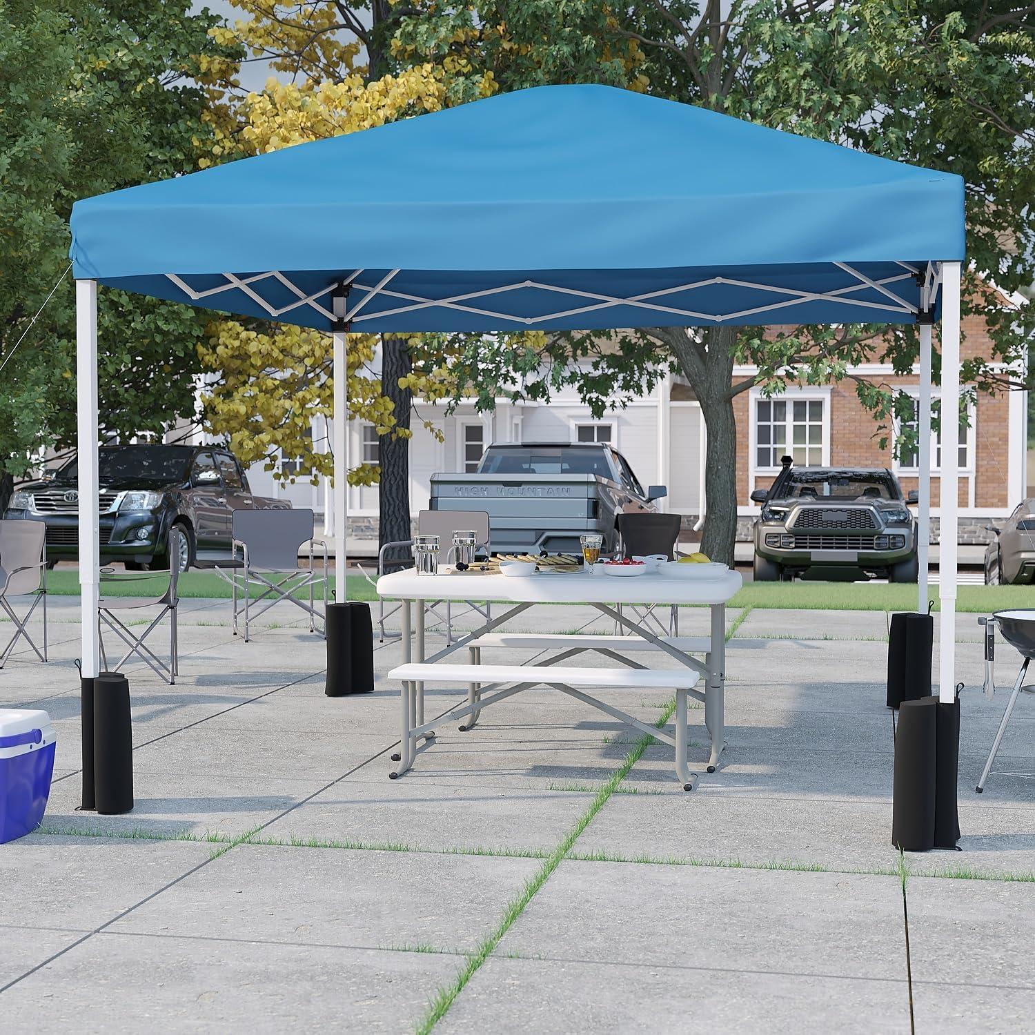 image:imageFlash Furniture Harris 10x10 White Pop Up Event Canopy Tent with Carry Bag and Folding Bench Set Portable Tailgate Camping Event SetBlue