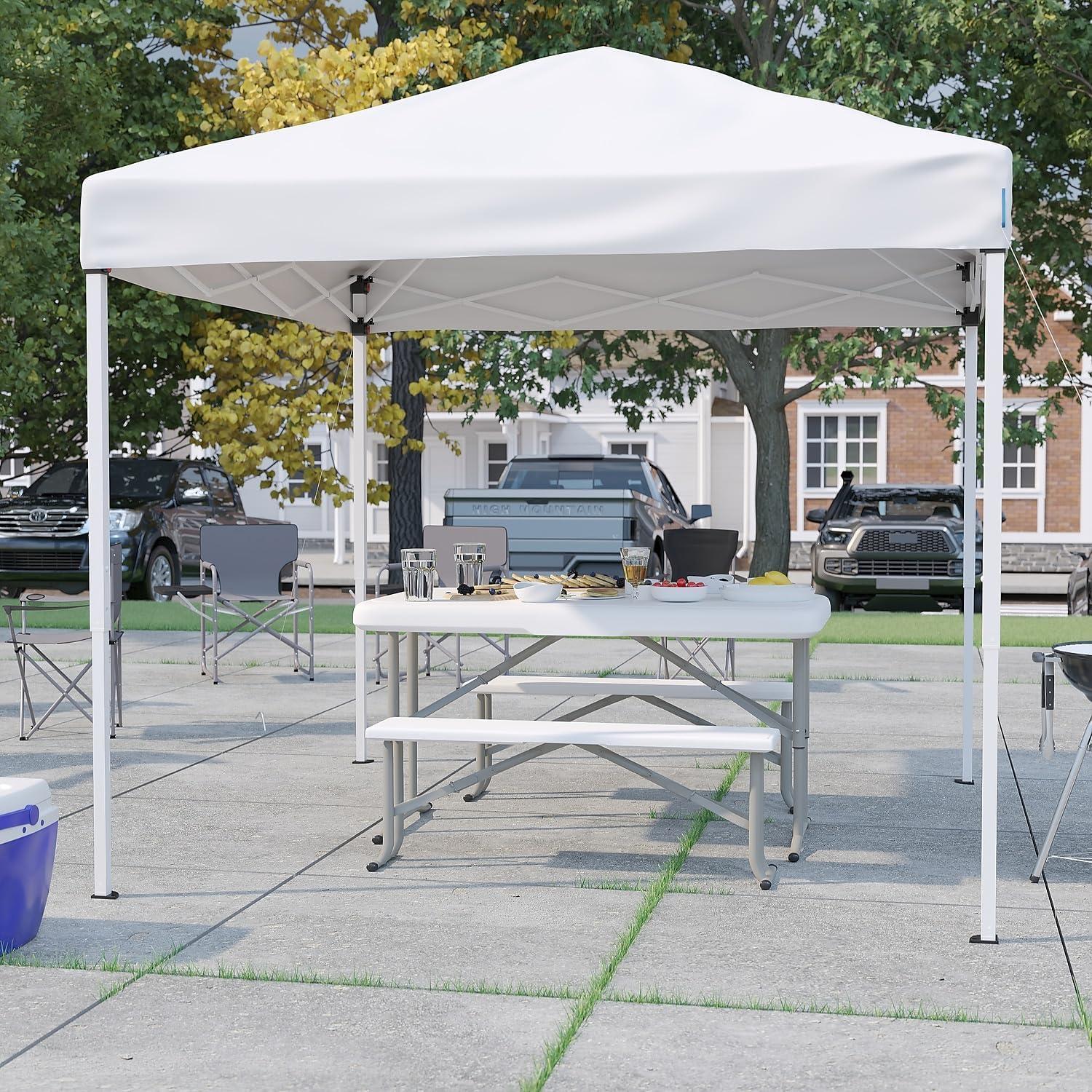 image:imageFlash Furniture Harris 10x10 White Pop Up Event Canopy Tent with Carry Bag and Folding Bench Set Portable Tailgate Camping Event SetWhite