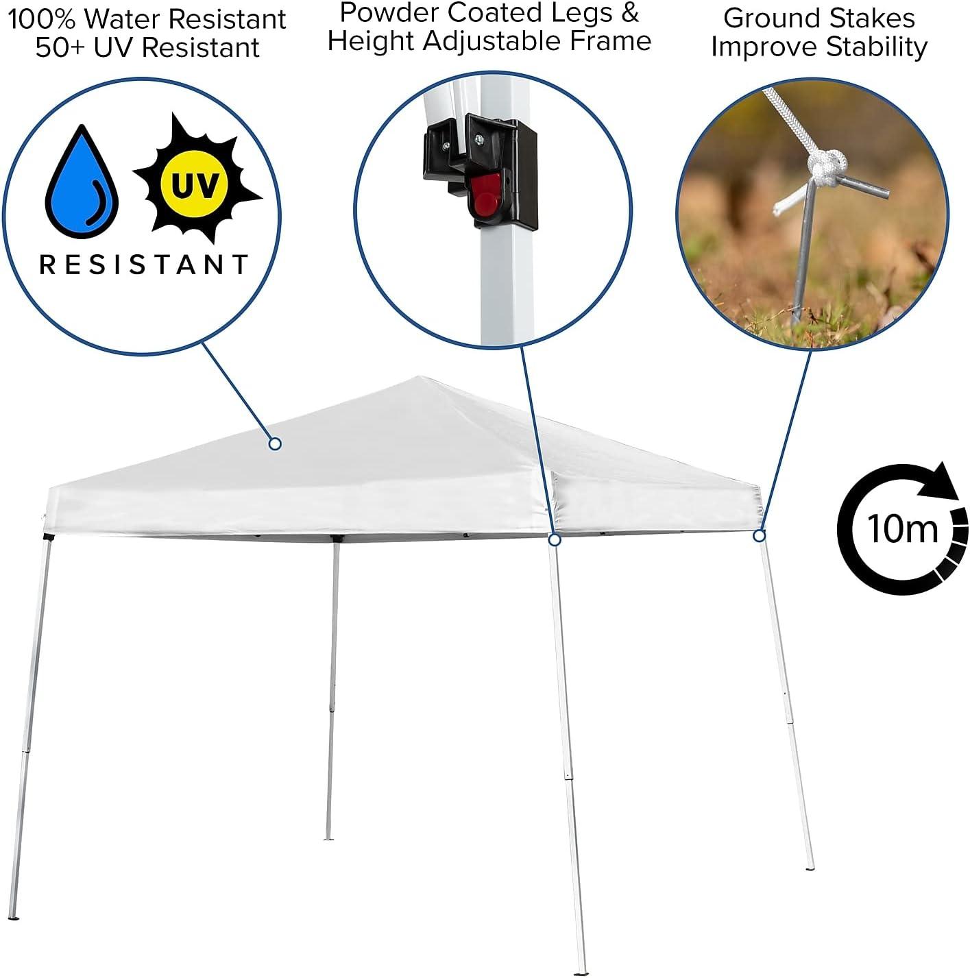image:imageFlash Furniture Harris 10x10 White Pop Up Event Canopy Tent with Carry Bag and Folding Bench Set Portable Tailgate Camping Event SetWhite