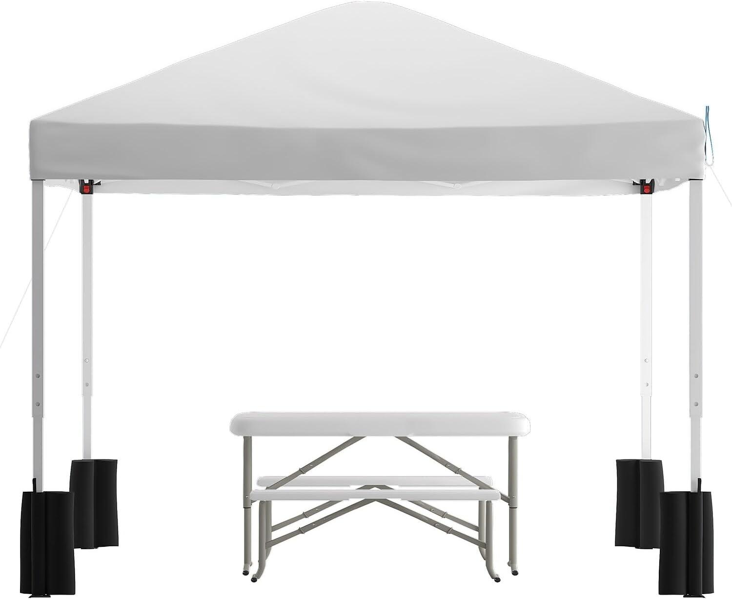 image:imageFlash Furniture Harris 10x10 White Pop Up Event Canopy Tent with Carry Bag and Folding Bench Set Portable Tailgate Camping Event SetWhite