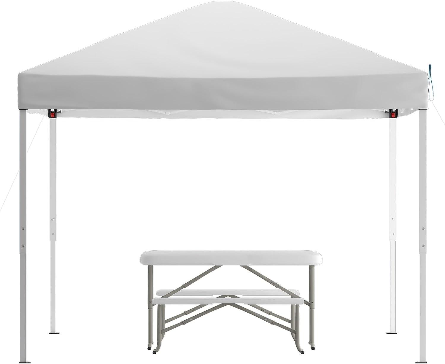 image:imageFlash Furniture Harris 10x10 White Pop Up Event Canopy Tent with Carry Bag and Folding Bench Set Portable Tailgate Camping Event SetWhite