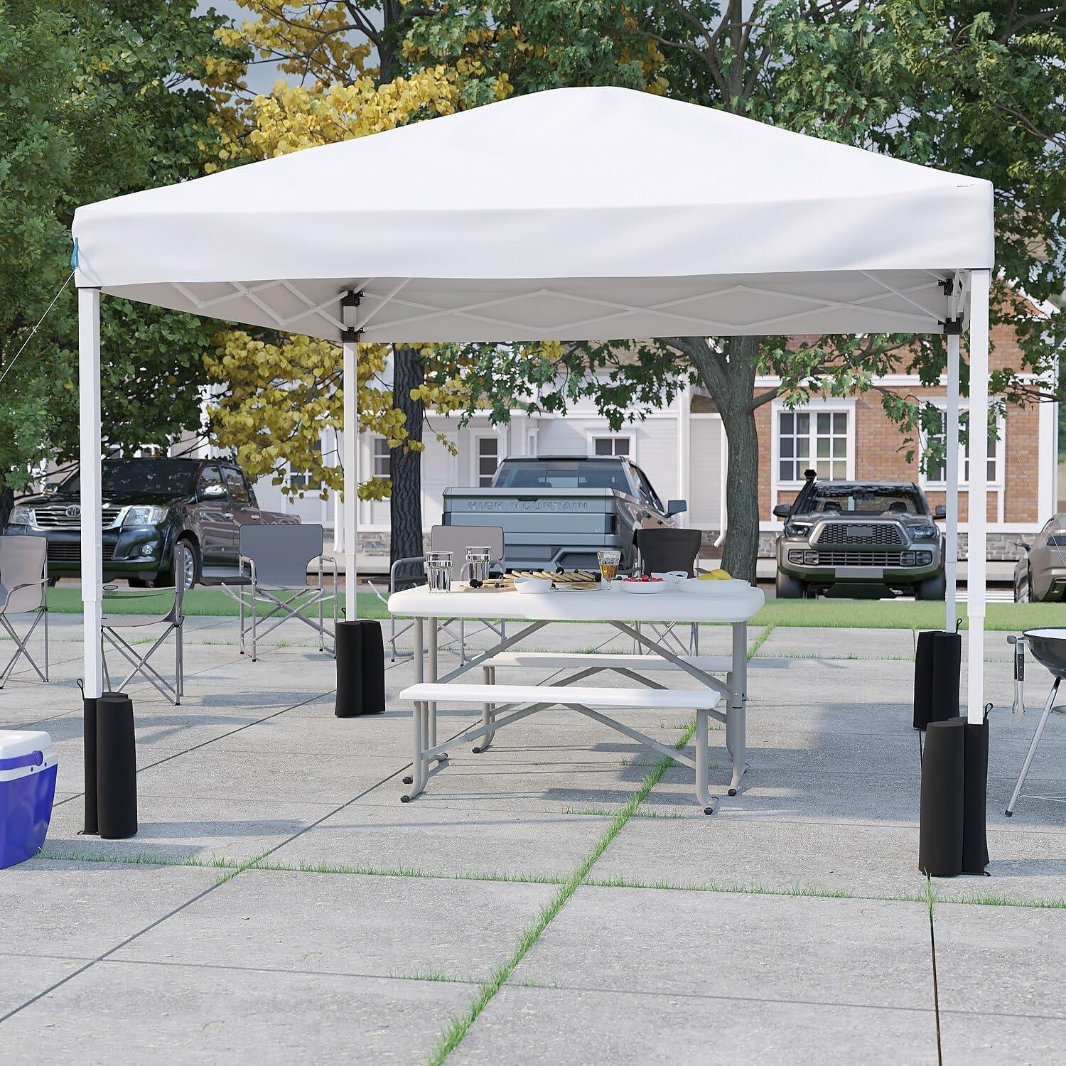 image:imageFlash Furniture Harris 10x10 White Pop Up Event Canopy Tent with Carry Bag and Folding Bench Set Portable Tailgate Camping Event SetWhite
