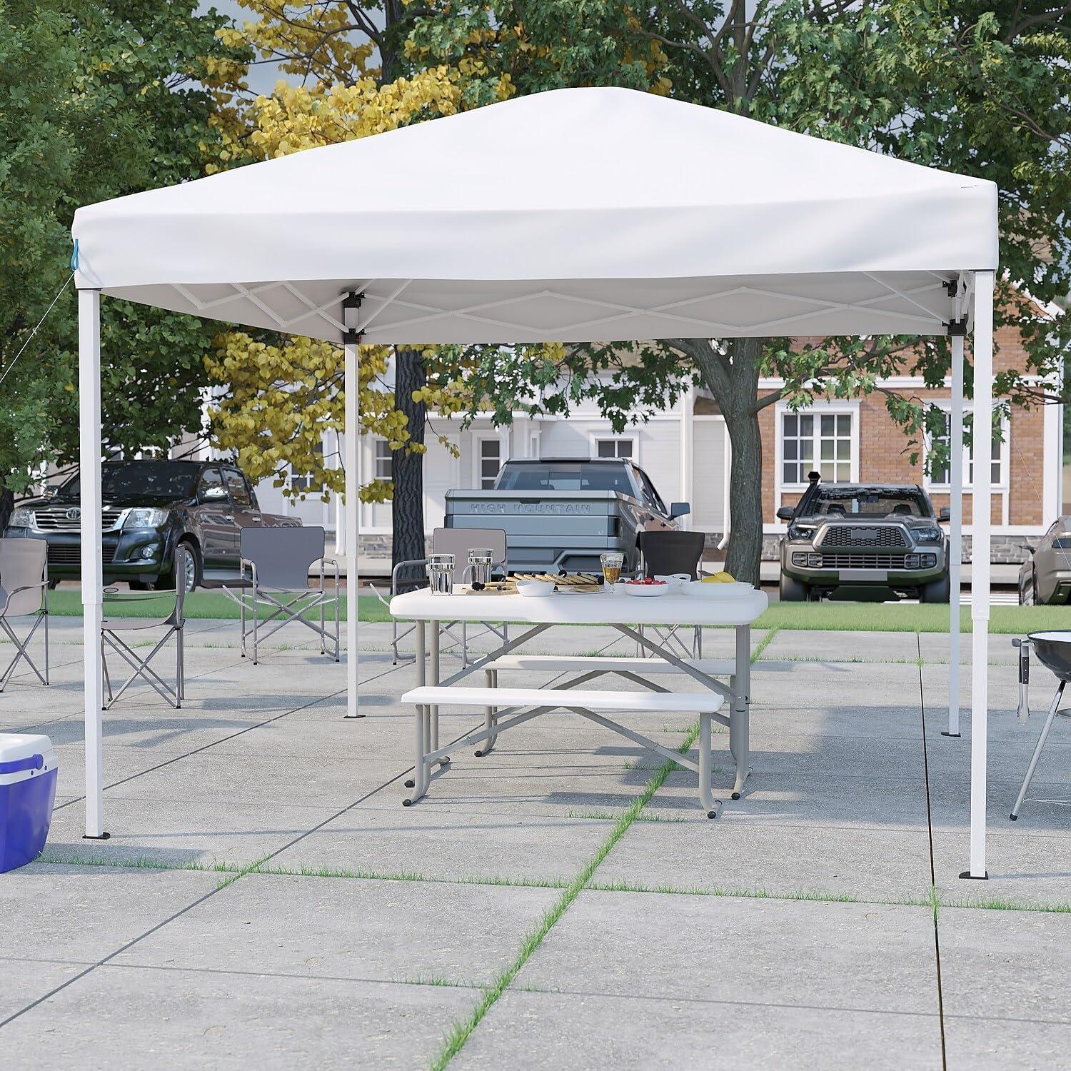 image:imageFlash Furniture Harris 10x10 White Pop Up Event Canopy Tent with Carry Bag and Folding Bench Set Portable Tailgate Camping Event SetWhite