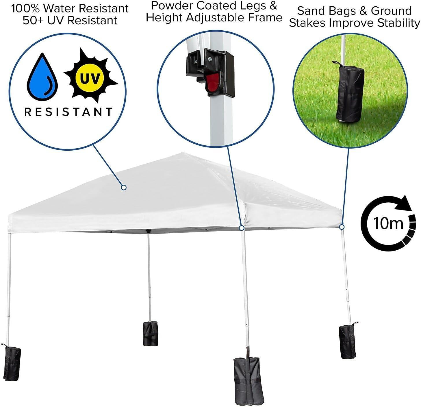 image:imageFlash Furniture Harris 10x10 White Pop Up Event Canopy Tent with Carry Bag and Folding Bench Set Portable Tailgate Camping Event SetWhite