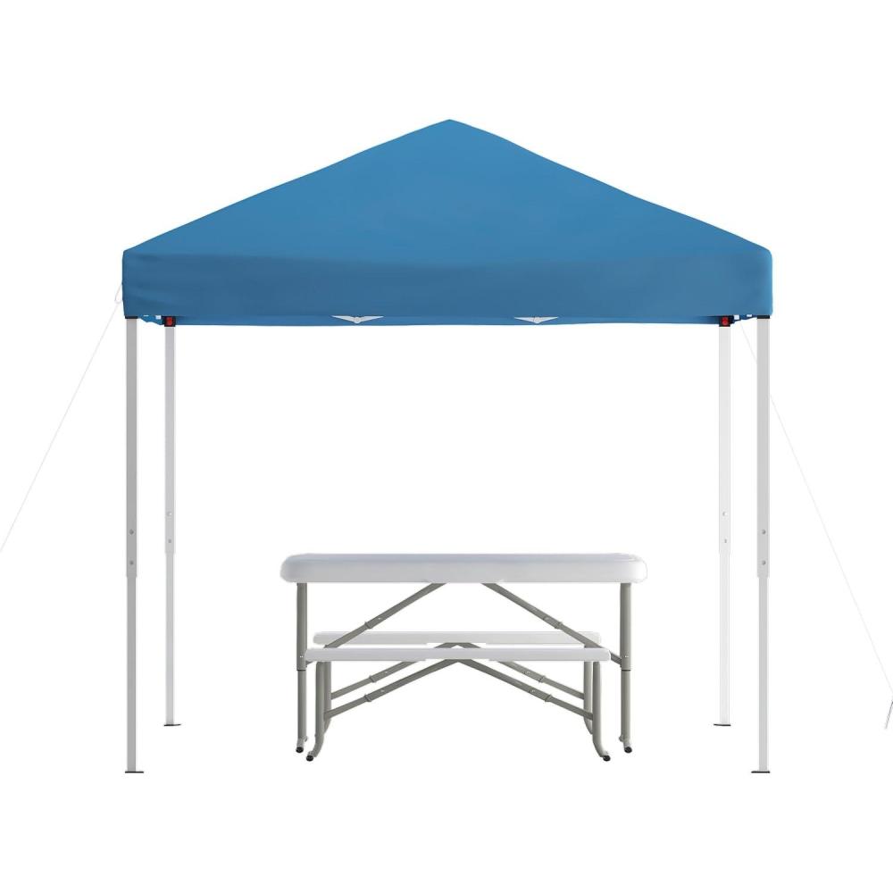 image:imageFlash Furniture Harris 10x10 White Pop Up Event Canopy Tent with Carry Bag and Folding Bench Set Portable Tailgate Camping Event SetBlue