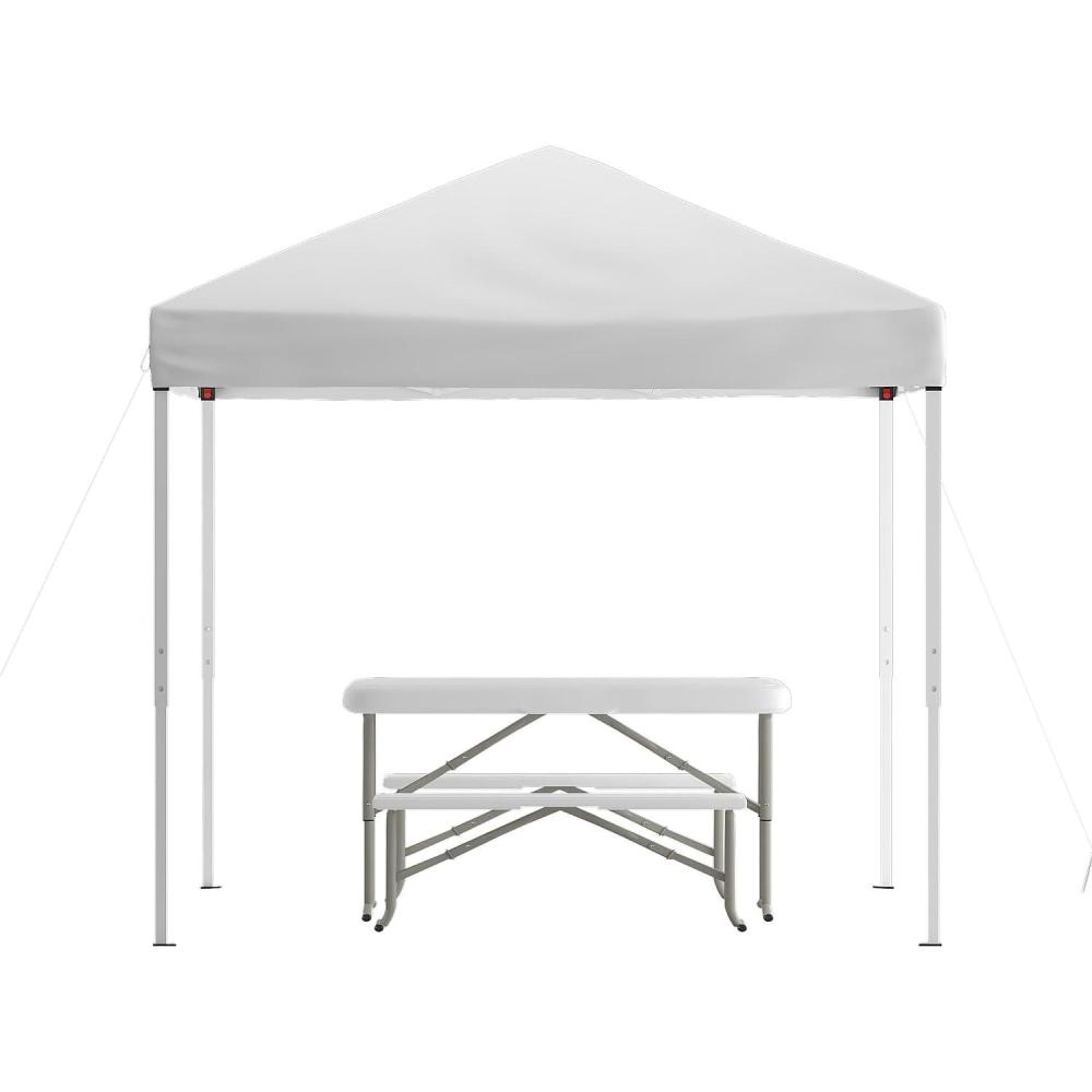 image:imageFlash Furniture Harris 10x10 White Pop Up Event Canopy Tent with Carry Bag and Folding Bench Set  Portable Tailgate Camping Event SetWhite