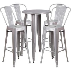 Flash Furniture Commercial Grade 24″ Round Silver Metal Indoor-Outdoor Bar Table Set with 4 Cafe Stools(Silver)