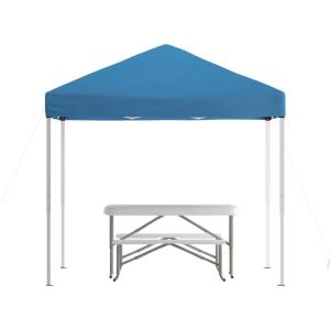Flash Furniture Harris 10’x10′ White Pop Up Event Canopy Tent with Carry Bag and Folding Bench Set – Portable Tailgate, Camping, Event Set(Blue)