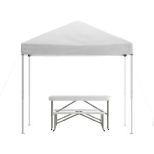 Flash Furniture Harris 10’x10′ White Pop Up Event Canopy Tent with Carry Bag and Folding Bench Set – Portable Tailgate, Camping, Event Set(White)