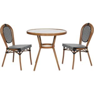 Flash Furniture Lourdes Indoor/Outdoor Commercial Bistro Set – Tempered Glass Top Table – 2 Chairs – PE Rattan – NAT Bamboo Print Aluminum Frame – Black/White